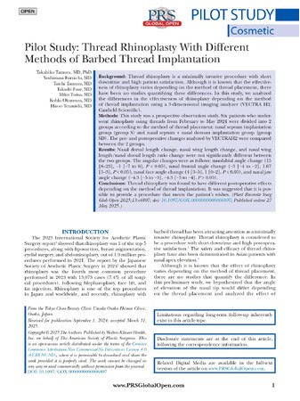 TCB田村貴彦医師らの論文が国際医療ジャーナル「Plastic and Reconstructive Surgery-Global Open」に掲載。糸による隆鼻術での挿入法別隆鼻効果を定量的に検証。
