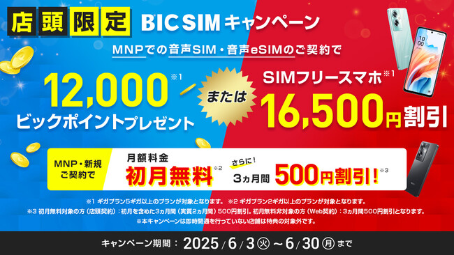 【BIC SIM】店頭のお申込みでビックポイントを最大15,000ポイント還元！さらに豪華家電が抽選で当たる期間限定のキャンペーンを実施！