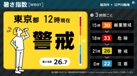 今の暑さ指数(実況値)と3時間ごとの予測値を表示 今の暑さ指数(実況値)と3時間ごとの予測値を表示