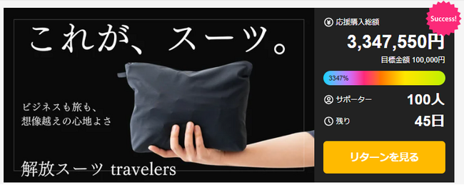 Makuakeで前作超え3347%達成！｜「解放スーツtravelers」｜川田ニッティンググループ【tococie(トコシエ)】