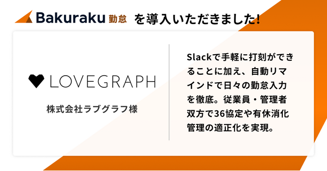 上場企業MIXIのグループ会社である株式会社ラブグラフが「バクラク勤怠」を導入。手軽なSlack打刻で日々の打刻作業を徹底、月次処理の効率化・労務管理の適正化を実現。