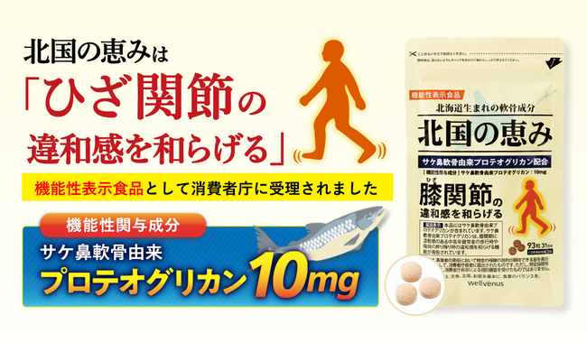 累計販売400万袋*¹の「北国の恵み」が機能性表示食品として届出受理プロテオグリカンを配合し「ひざ関節の違和感を和らげる」機能をサポート