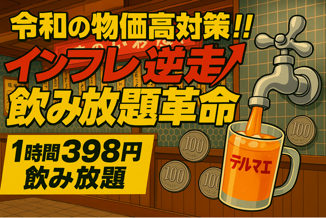 飲み放題1時間398円!? インフレ逆走の“蛇口居酒屋テルマエ”が兵庫県神戸市三宮に6/21初上陸!!