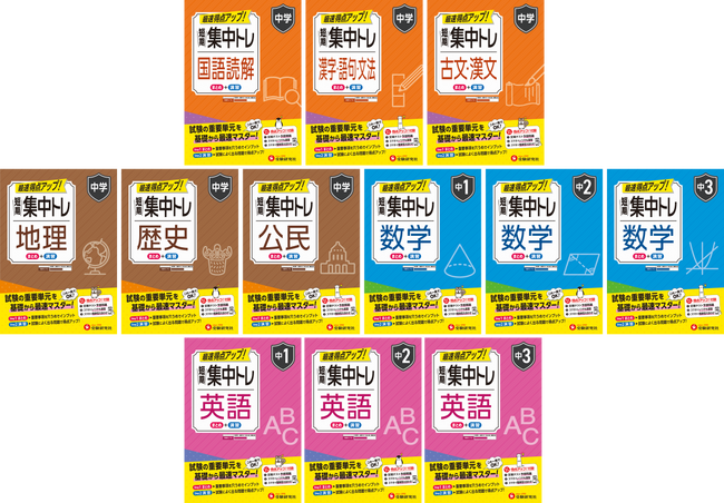 期末テストで挽回！まずは平均点をクリア！どこから始めたら、何を覚えたら、どんな問題が解けるようになればいいかの対策を1冊にまとめた『中学 短期集中トレ』が新登場！