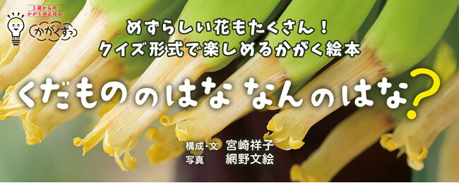 【新刊情報】かがくの目でみると、おどろきと発見が！かがくすっシリーズ『くだもののはな　なんのはな？』（宮崎祥子・構成・文／網野　文絵・写真）発売！クイズ形式で楽しめる3歳からのかがく絵本。