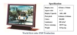 図1：世界初の21インチプラズマテレビ(左)および仕様(右)