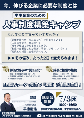 【プレジデント総合研究所協賛】中小企業のための「2日間で人事制度を作るキャンプ」説明会～今、伸びる企業に必要な制度とは～【説明会】