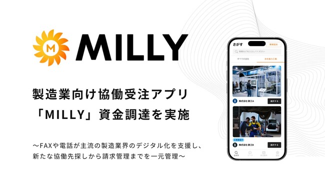 製造業向け協働受注アプリ「MILLY（ミリー）」を運営する株式会社Milly、資金調達を実施