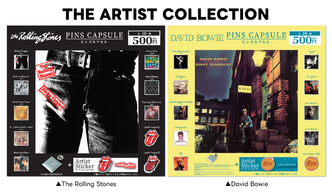 The Rolling Stones／David Bowie アルバムジャケットやロゴをデザインしたピンズカプセルトイシリーズ『THE ARTIST COLLECTION』本日6月27日(金)より発売