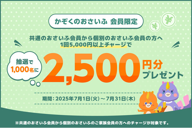かぞくのおさいふ会員限定 共通のおさいふ会員から個別のおさいふ会員へ1回5,000円以上チャージで抽選で1,000名に2,500円分プレゼント♪キャンペーンを開催！