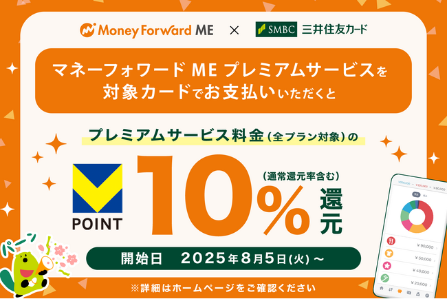 「マネーフォワード ME」プレミアムサービスが、三井住友カードでの支払いでVポイント10％還元！2025年8月5日（火）より開始