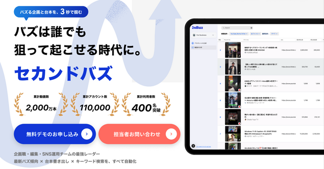 企画・編集・SNS運用者の“次のバズ”を可視化、累計2,000万本の動画ビッグデータを解析するSNSリサーチツール『セカンドバズ（2nd Buzz）』正式リリースのお知らせ
