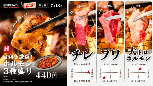 ホルモンのディープな世界、のぞいてみる？焼肉ライクで“フワ・チレ・大トロ”の3種をひと皿で。７月13日(日)より数量限定で登場。