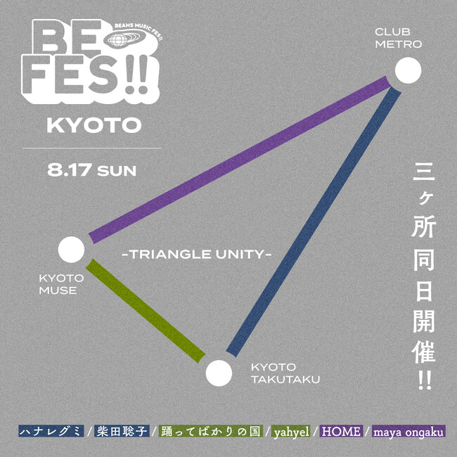 8月17日（日）に京都で３ヶ所同日開催する『BE FES!! KYOTO』の店舗連動コンテンツとタイムテーブルを発表、各会場の最終先行チケットも受付開始