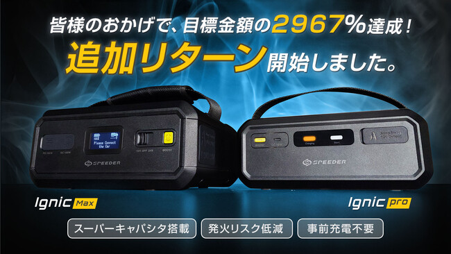 【目標2967%達成 &追加リターンも開始！】スーパーキャパシタ式ジャンプスターター 『Ignic(イグニック)』シリーズにマクアケ割が追加！Makuakeプロジェクト順調に進行中！