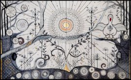 【サムサラの森／太陽の暗号】幾何学刺繍＋墨アート作品　size：1167×1820mm
