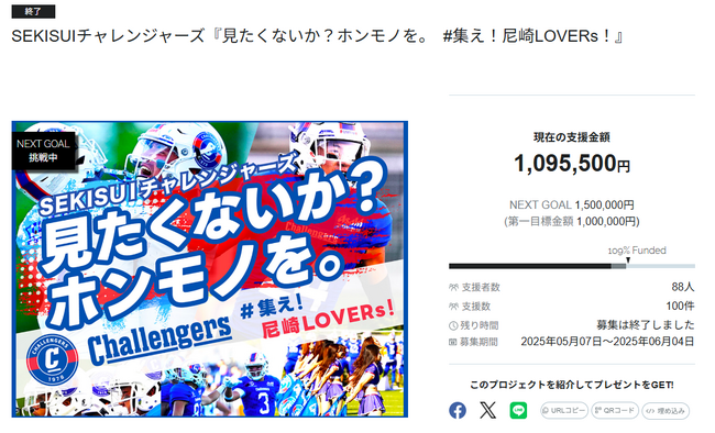 SEKISUIチャレンジャーズ、6月開催の「尼崎ボウル」に向けたクラウドファンディング「見たくないか？ホンモノを。～集え！尼崎LOVERs！～」、目標を達成して終了