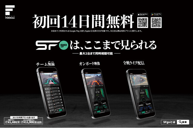 SUPER FORMULA 公式レース視聴アプリ『SFgo エスエフゴー 』 初回14日間無料トライアルスタート！ − 推しドライバーのオンボードカメラ映像やチーム無線を視聴し放題！−