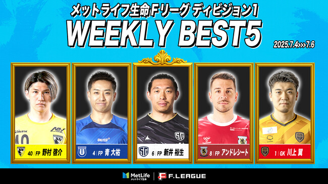新井裕生（しながわシティ）が週間MVPに！第6節｜2025年7月4日～7月6日 週間ベスト5【メットライフ生命Ｆリーグ2025-26 ディビジョン1】