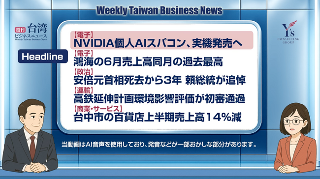 【週刊台湾ビジネスニュース】AIスパコン発売、鴻海売上高、安倍元首相追悼、台湾新幹線伸延、台中市百貨店【2025/07/14号】