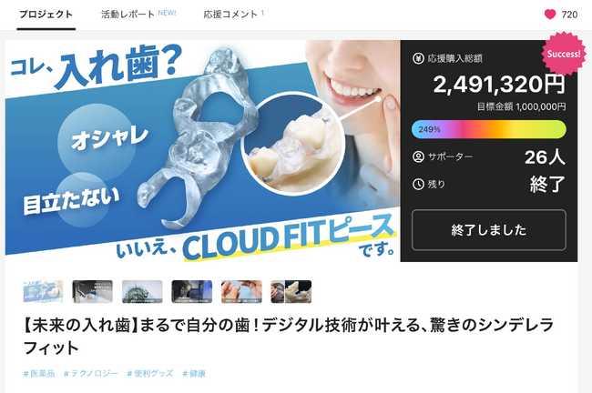 “入れ歯の常識を変える” デジタル義歯「Cloud Fit（クラウドフィット）」がMakuakeで話題沸騰！目標金額の249％を達成