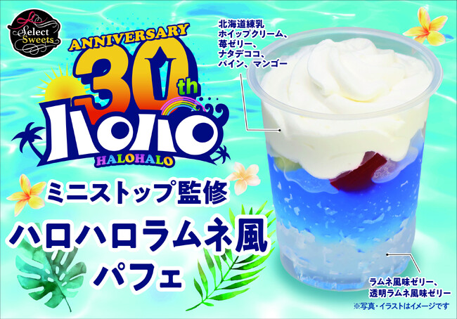３０周年を迎えたミニストップ夏の風物詩「ハロハロラムネ」を再現した爽やかなパフェがイオンに登場！７月１８日（金）から期間限定販売。