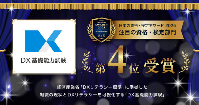 経済産業省策定「DXリテラシー標準」に準拠した「DX基礎能力試験」【日本の資格・検定アワード2025】注目の資格・検定部門にて、第4位受賞