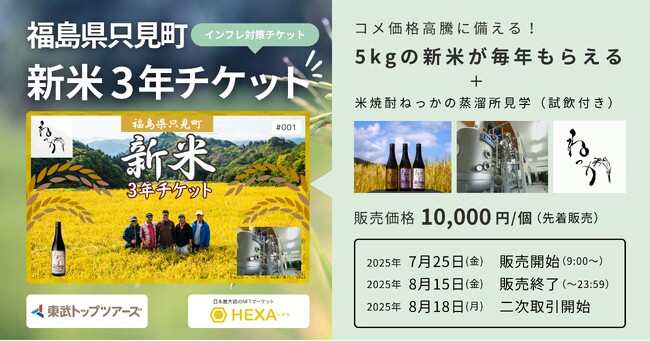 コメ価格高騰に備えるインフレ対策チケット「新米3年チケット」販売！福島県只見町の米焼酎ねっか蒸溜所見学も可能。NFTマーケットのHEXA（ヘキサ）
