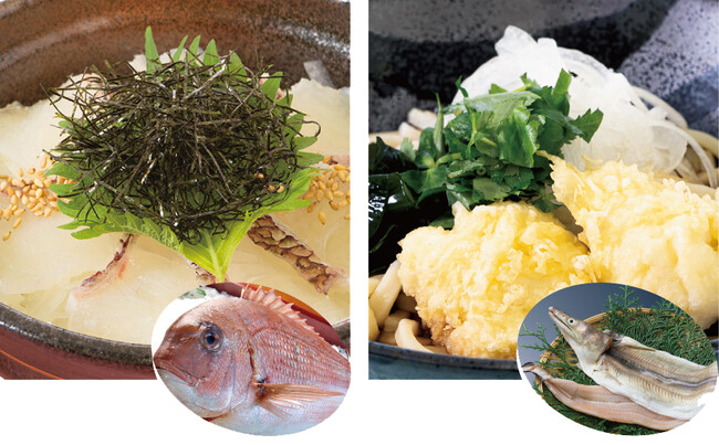 淡路ハイウェイオアシスのメインダイニング、お食事処「みけ家」から淡路島産食材を使った新メニュー「淡路島産鱧天冷しうどん」、「淡路島産鯛めし丼」が登場！！