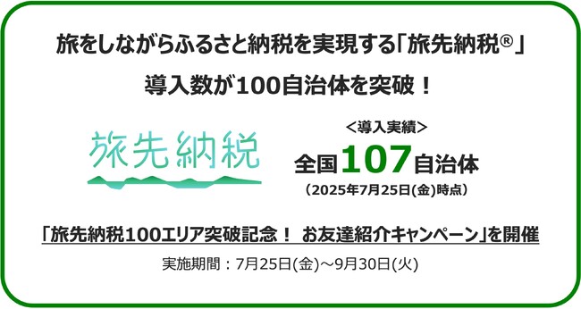 旅をしながらふるさと納税を実現する「旅先納税(R)」 導入数が100自治体を突破!