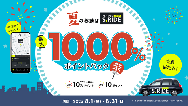 夏の移動はタクシーアプリ「S.RIDE(R)」“最大1000%ポイントバック祭”キャンペーンを開催！　タクシー配車で全員ポイントがもらえる