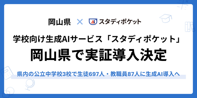 岡山県の公立中学校3校で生徒697人・教職員87人に、学校向け生成AIクラウド「スタディポケット」を導入。
