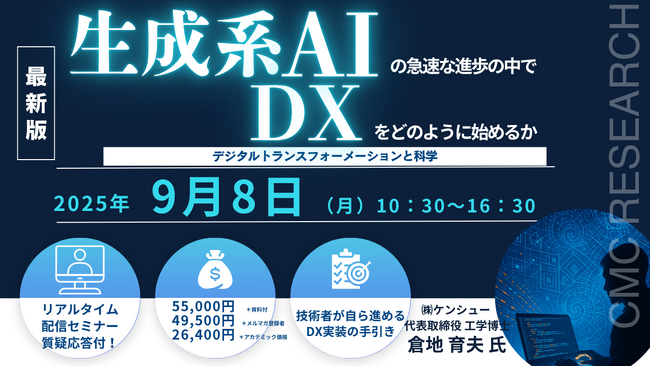 【ライブ配信セミナー】生成系AIの急速な進歩の中で技術者のDXをどのように始めるか-デジタルトランスフォーメーションと科学　9月8日（月）開催　主催：(株)シーエムシー・リサーチ