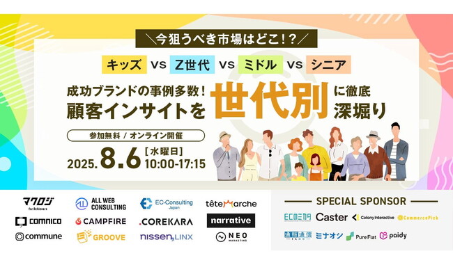 無料オンラインカンファレンスのお知らせ「今狙うべき市場はどこ！？キッズ・Z世代・ミドル・シニア～成功ブランドの事例多数！顧客インサイトを世代別”に徹底深堀り～」