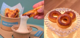 凍ったバスクを冷たいのびるソースにディップする「のびるバスチーディップつき凍らせバスク」(写真左)/お土産にぴったりな箱菓子の新商品「チーズドーナッツ」(写真右)を8月1日より発売! 凍ったバスクを冷たいのびるソースにディップする「のびるバスチーディップつき凍らせバスク」(写真左)/お土産にぴったりな箱菓子の新商品「チーズドーナッツ」(写真右)を8月1日より発売!