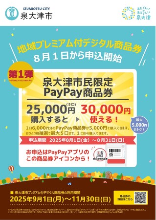 最大５，０００円おトク！８月1日から泉大津市プレミアム付デジタル商品券の申し込みが始まります！！