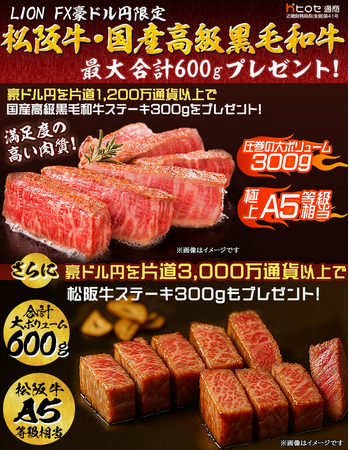 LION FX豪ドル円限定 松阪牛・国産高級黒毛和牛最大600gプレゼント!を実施！