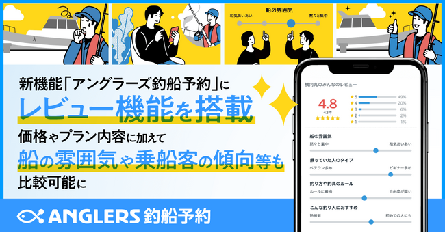 新機能「アングラーズ釣船予約」にレビュー機能を搭載！価格やプラン内容に加えて船の雰囲気や乗船客の傾向等も比較可能に