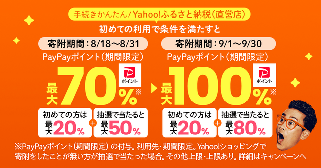 【Yahoo!ショッピング】手続き簡単な「Yahoo!ふるさと納税（直営店）」の初回利用で、条件を満たすと最大70％のPayPayポイントが戻ってくるキャンペーンを本日より実施