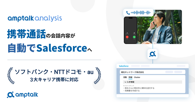 amptalkが携帯キャリア（SoftBank／NTTドコモ／au）と連携し、通話内容をSalesforceに自動入力