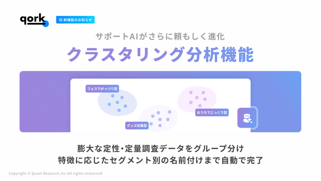 「qork」にAIチャットによるクラスタリング分析機能が追加。 - 専門知識や時間を要する顧客分析を、定量調査レベルの精度で「顧客セグメント」を瞬時に自動発見
