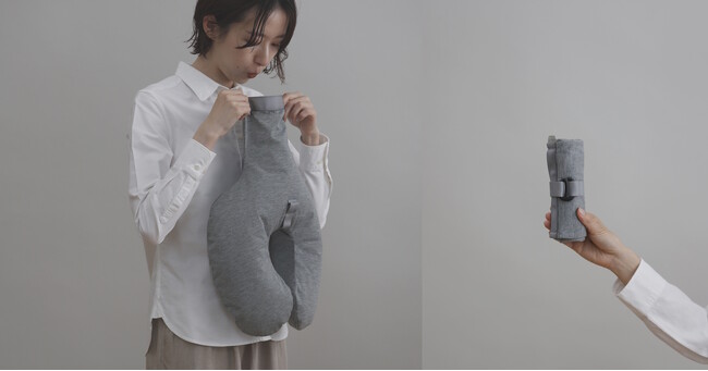 息を吹き込むだけで膨らみ、小さくたためる「fuu ネックピロー」にWEB限定色のライトグレーが新発売