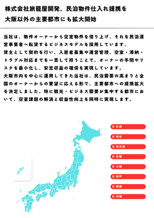 株式会社旅籠屋開発、民泊物件仕入れ提携を大阪以外の主要都市にも拡大開始