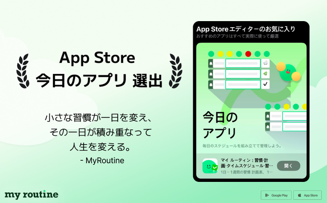韓国発の習慣管理アプリ「マイルーティン」、日本App Store「今日のアプリ」に選出 - 下半期の成長に弾み