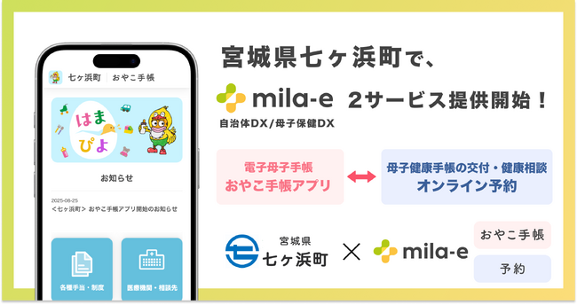 ミラボ、宮城県 七ヶ浜町で、母子保健DX「mila-e」母子手帳アプリ・オンライン予約の提供を開始