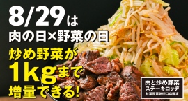 8月29日（金）は肉の日✖️野菜の日！『肉と炒め野菜 ステーキロッヂ』で炒め野菜が最大1kgまで無料で増量可能。夏休みの最後に、肉＆野菜の山が秋葉原に出現！