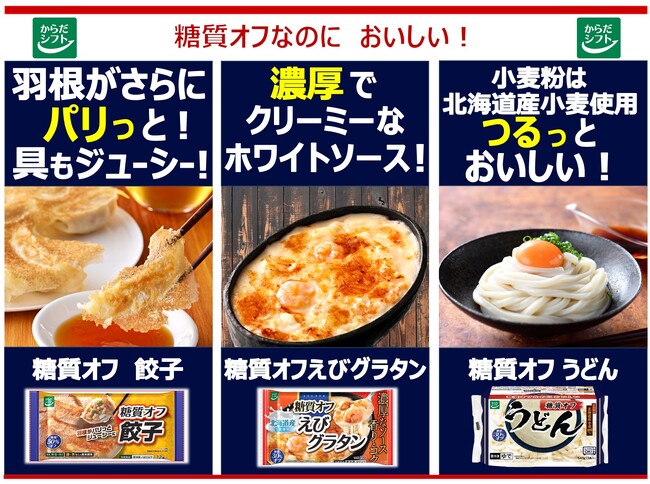 おいしいをがまんしない“食べたいあなたの糖質オフ”からだシフト冷凍食品『糖質オフシリーズ』から3 品