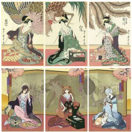 (上)喜多川歌麿「鳳凰三美人図」　(下)エヴァ浮世絵「箱根八里美人三画揃」