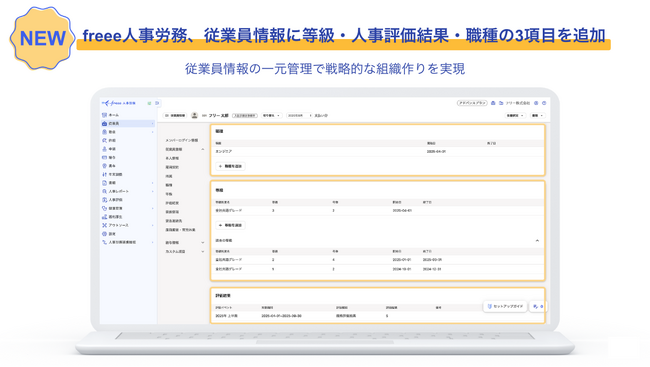 freee人事労務の従業員情報に等級・人事評価結果・職種の3項目を新たに追加