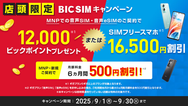 【ビックカメラ店舗限定】SIMフリースマホがBIC SIMとのセット契約で16,500円割引キャンペーン